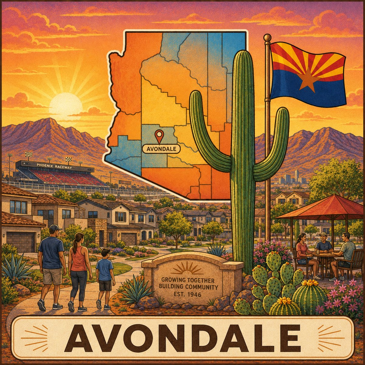 Avondale — vintage Arizona travel-poster style illustration