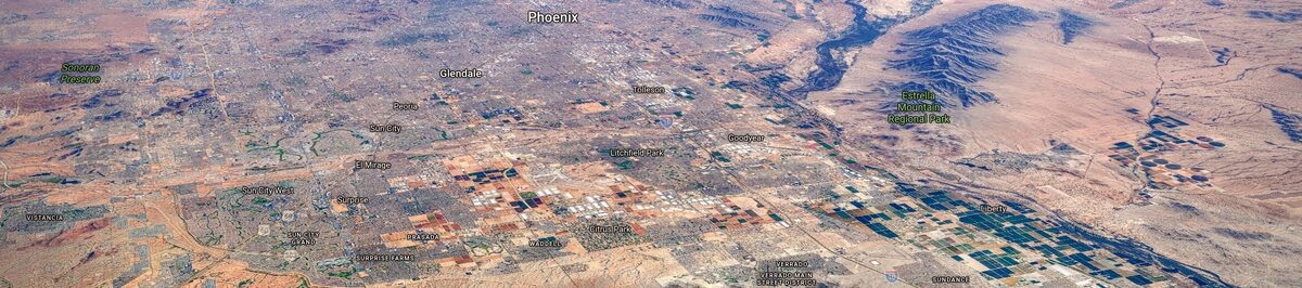 Satellite map of the West Valley showing Glendale, Peoria, Sun City, Surprise, El Mirage, Litchfield Park, Goodyear, Waddell, and Verrado