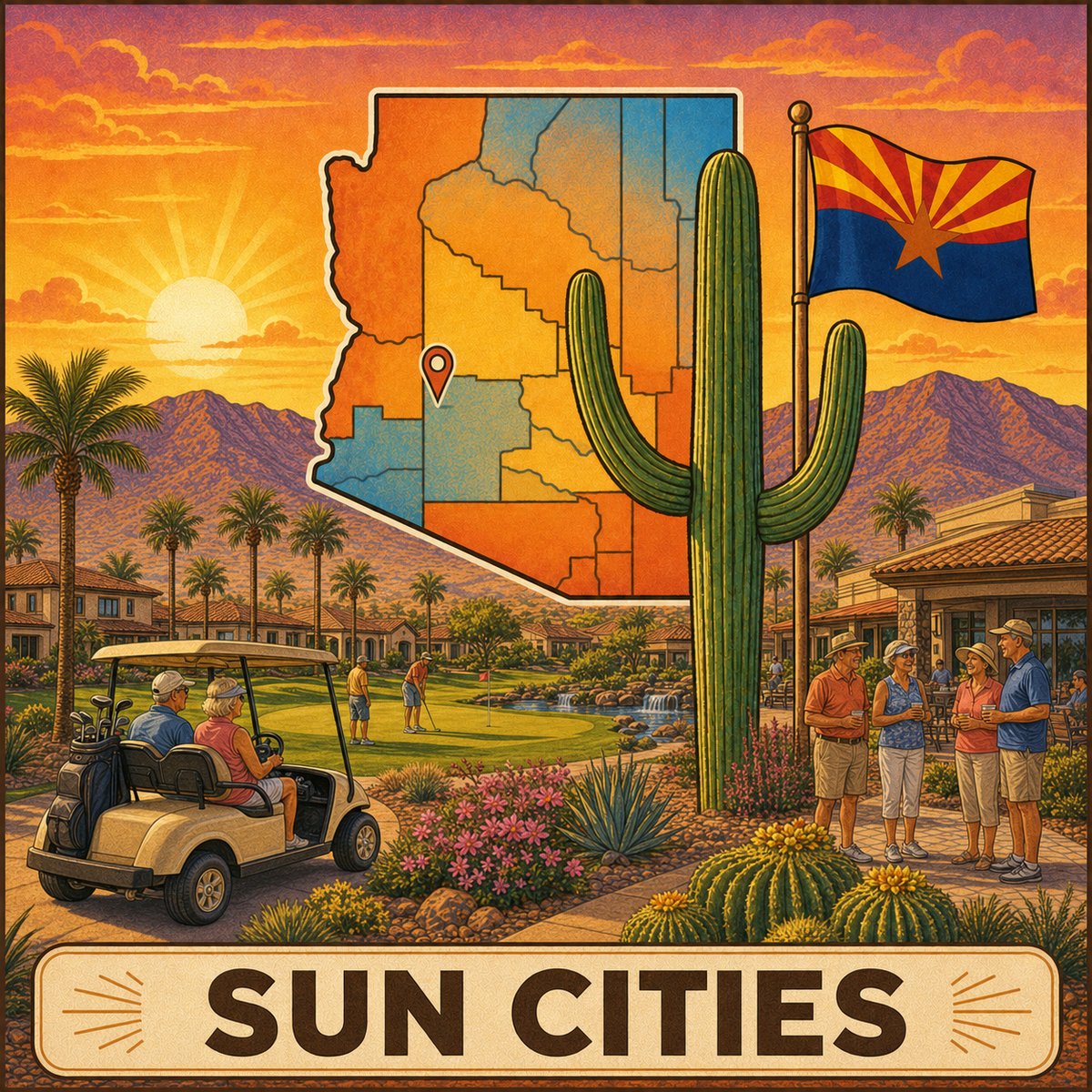 Sun Cities — vintage Arizona travel-poster style illustration