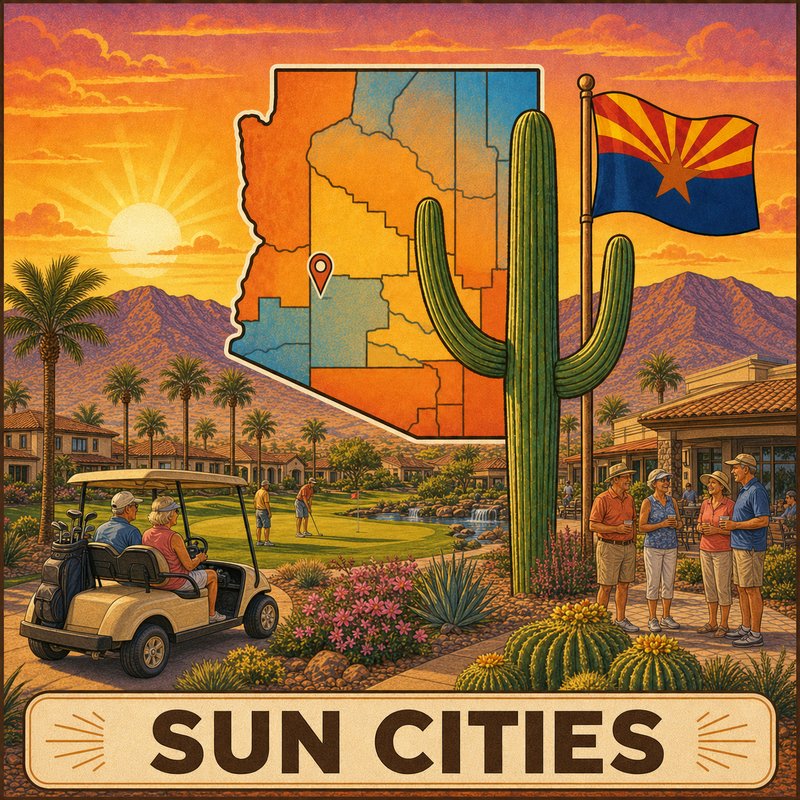Sun Cities — vintage Arizona travel-poster style illustration