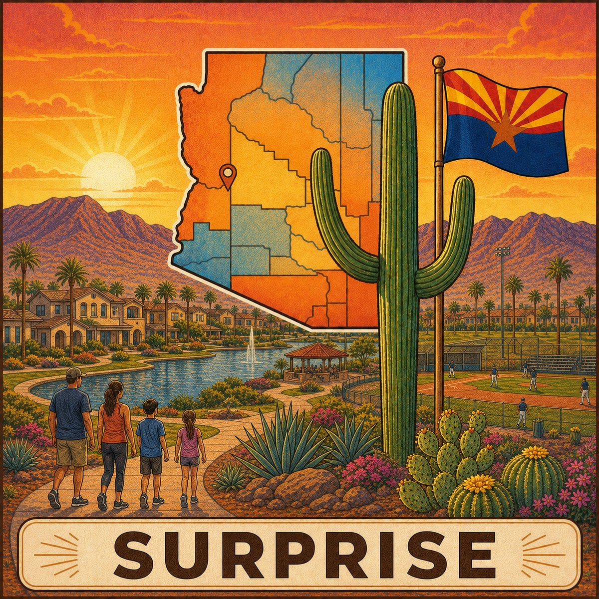 Surprise — vintage Arizona travel-poster style illustration